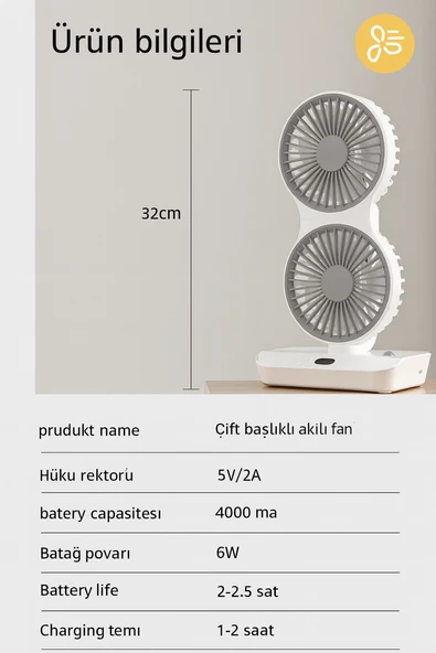 4 Kademeli, Çift Bağımsız Kafalı, 360 Döner Masa Üstü Işıklı Vantilatör - 6