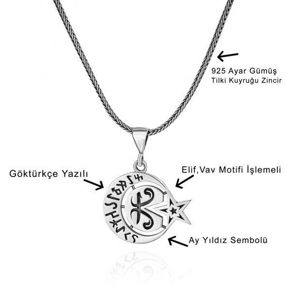 Göktürkçe Harfli Elif Vav Ay Yıldız 60 cm 925 Gümüş Kolye - 2