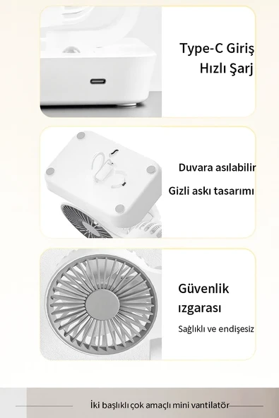 4 Kademeli, Çift Bağımsız Kafalı, 360 Döner Masa Üstü Işıklı Vantilatör - 5