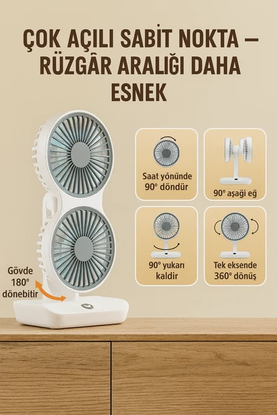 4 Kademeli, Çift Bağımsız Kafalı, 360 Döner Masa Üstü Işıklı Vantilatör - 4
