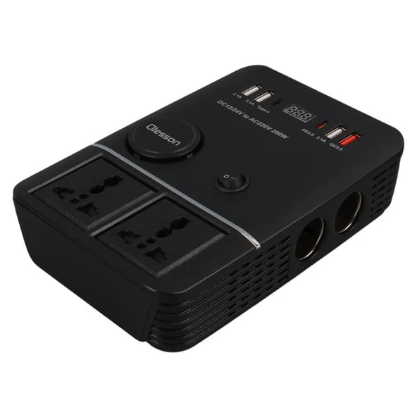 Olesson 1661 DC 12-24V 200W Oto Araç Power İnverter 2x Çakmak Girişi - 2x TYPE-C - 4x USB - 2x 220V Üniversal Priz - 2