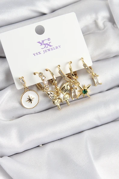 Pirinç Zİrkon Taşlı Kelebek ve Yıldız Model Gold Renk 3'lü Çift Kadın Küpe - TJ-BKP10959 ürün görseli