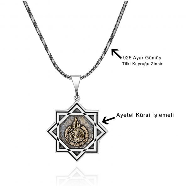 Davut Yıldızı Ayetel Kürsi Yazılı 60 cm 925 Gümüş Kolye - 2