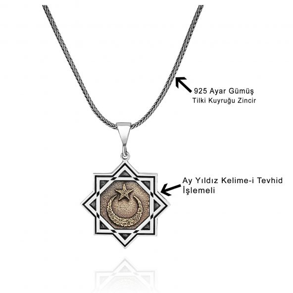 Davut Yıldızı Ayyıldız Kelimeyi Tevhid Yazılı 60 cm 925 Gümüş Kolye - Resim 2