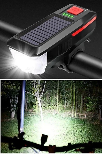 Solar Enerjili USB ile Şarj Edilebilir Ledli Bisiklet Feneri Kornalı ve Su Geçirmez Far - Resim 8