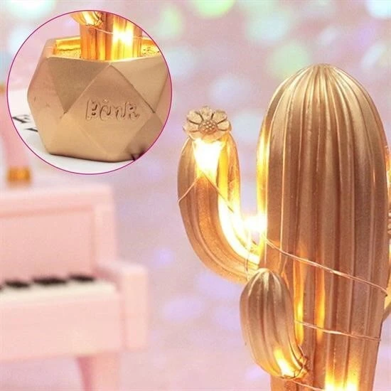 Led Işıklı Sevimli Kaktüs Dekoratif Masa Lambası Mini Biblo Gece Lambası-GOLD - Resim 3