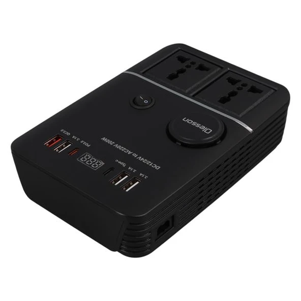 Olesson 1661 DC 12-24V 200W Oto Araç Power İnverter 2x Çakmak Girişi - 2x TYPE-C - 4x USB - 2x 220V Üniversal Priz - 4
