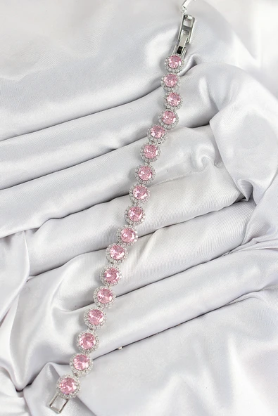Pirinç Pembe Zirkon Taşlı Daire Baget Model Gümüş Renk VIP Seri Kadın Bileklik - TJ-BB7511 - Resim 2
