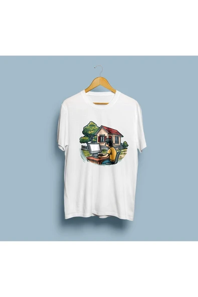 Oversize Yazılımcı Bilgisayar Ağaç ve Ev tasarım unisex T-shirt - Resim 4