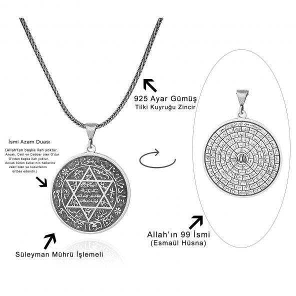 İsmi Azam Duası Esma-ül Hüsna Süleyman Mührü 60 cm 925 Gümüş Kolye - 4