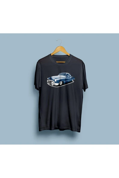 Oversize Klasik Mavi Araba Tasarım Unisex T-shirt - Resim 6