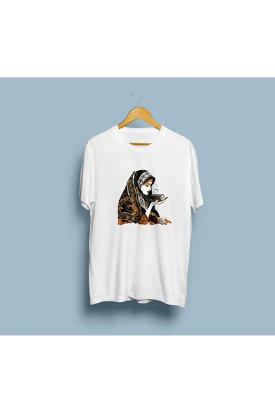 Oversize Gizemli Falcı Elinde Kahve Bardağı tasarım unisex T-shirt - Resim 2