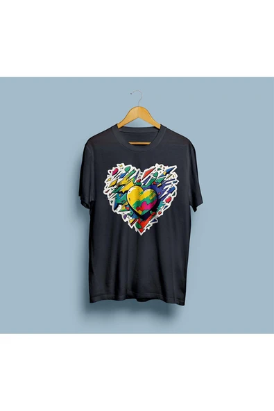 Oversize Dağınık Renkli Kalp Tasarım Unisex T-shirt - Resim 6