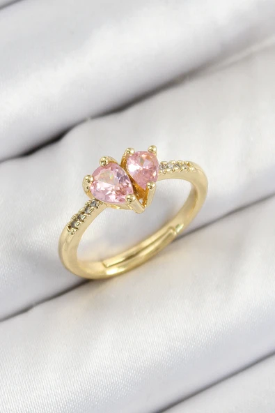 Pirinç Zirkon Taşlı Pembe Kalp Model Gold Renk Kadın Yüzük - TJ-BYK3802 ürün görseli