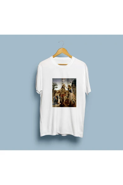 Oversize İsa'nın Vaftizi Tablosu Leonardo Da Vinci Tasarım Unisex T-shirt