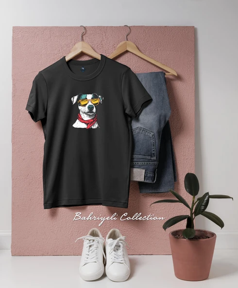 Oversize Güneş Gözlüğü ve Bandana Takmış Havalı Köpek Tasarımlı Unisex T-Shirt - 11