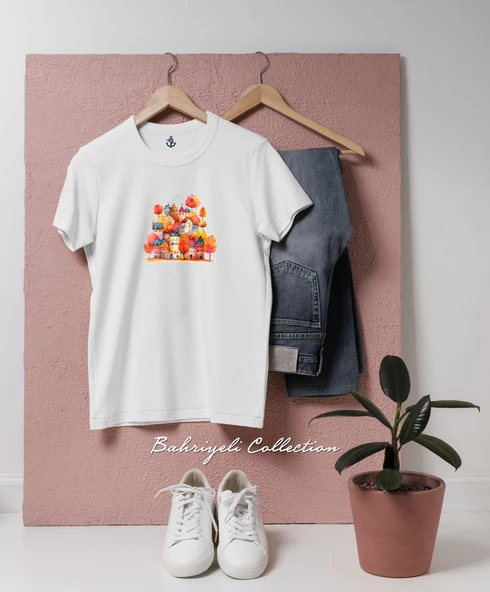 Oversize Canlı Sonbahar Evleri Sahnesi Tasarımlı Unisex T-Shirt - 3
