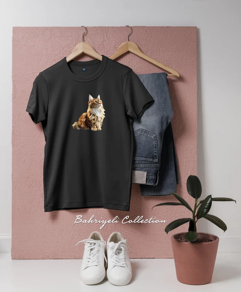 Oversize Güzel Zencefil Kedi İllüstrasyonu Tasarımlı Unisex T-Shirt - Resim 4