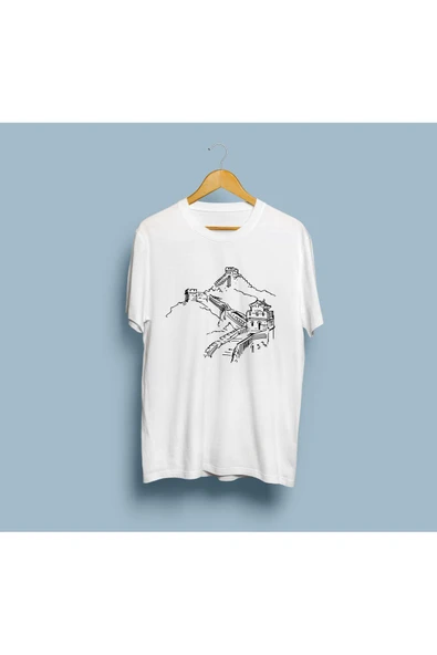 Oversize Çin Seddi Çizim Baskılı Unisex T-shirt - Resim 3