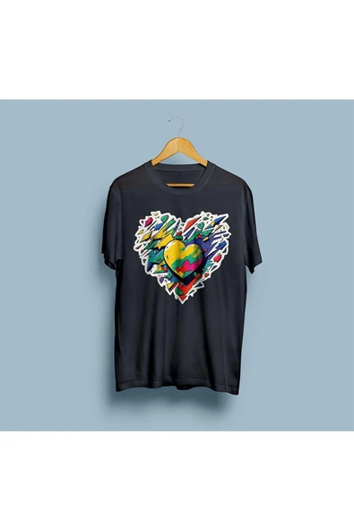 Oversize Dağınık Renkli Kalp Tasarım Unisex T-shirt - Resim 7