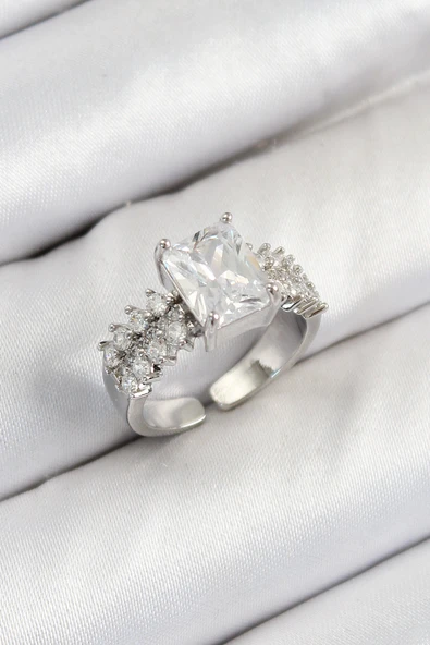 Pirinç  Büyük Zirkon Taşlı Model Gümüş Renk Kadın Yüzük - TJ-BYK3801 ürün görseli