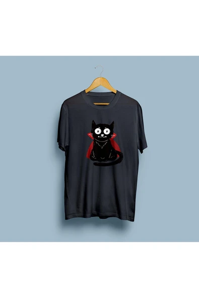 Oversize Vampir Black Cat Vector Tasarım Unisex T-shirt - Resim 8