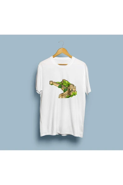 Oversize Çin Seddi Renkli Çizim Baskılı Unisex T-shirt ürün görseli