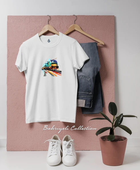 Oversize Colorful Speeding Train Tasarımlı Unisex T-Shirt ürün görseli