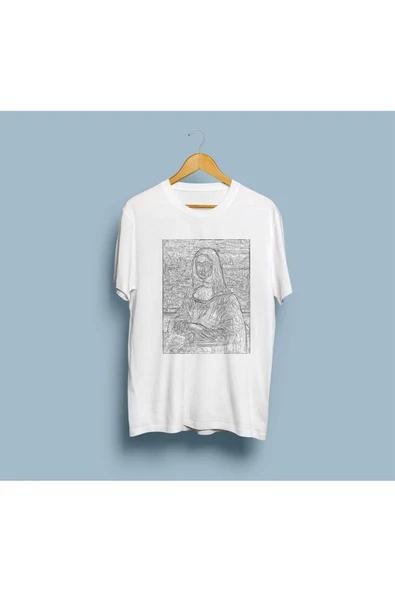 Oversize Mona Lisa Karalama Çizim Unisex T-shirt - Resim 2