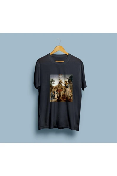 Oversize İsa'nın Vaftizi Tablosu Leonardo Da Vinci Tasarım Unisex T-shirt - 4