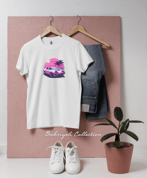 Oversize Vaporwave Gün Batımı ile Retro Araba Tasarımlı Unisex T-Shirt ürün görseli