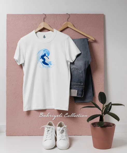 Oversize Blue surfer illustration with wave Tasarımlı Unisex T-Shirt ürün görseli
