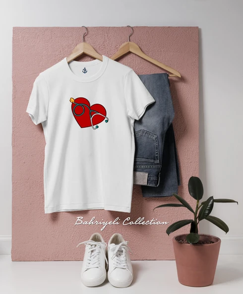 Oversize Stethoscope and red heart Tasarımlı Unisex T-Shirt ürün görseli