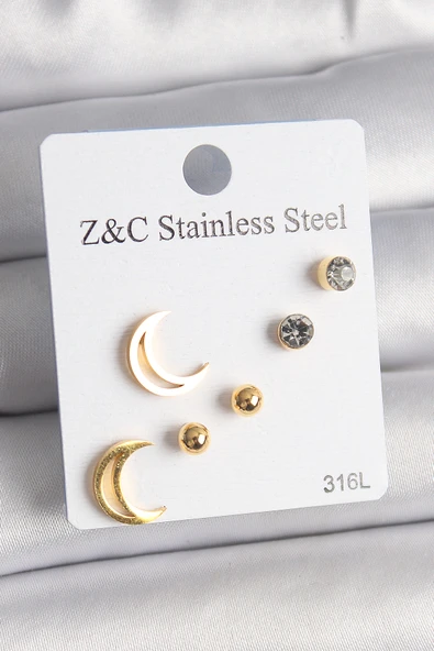 316L Çelik Gold Renk Zirkon Taşlı Hilal Model Kadın Küpe Seti - TJ-BKP10009 ürün görseli