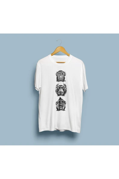 Oversize Siyah Beyaz Üç Maymun Tasarım Unisex T-shirt ürün görseli