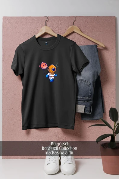 Oversize Balon Balığı Ve Mini Dalgıç  Tasarımlı Unisex T-Shirt - Resim 4