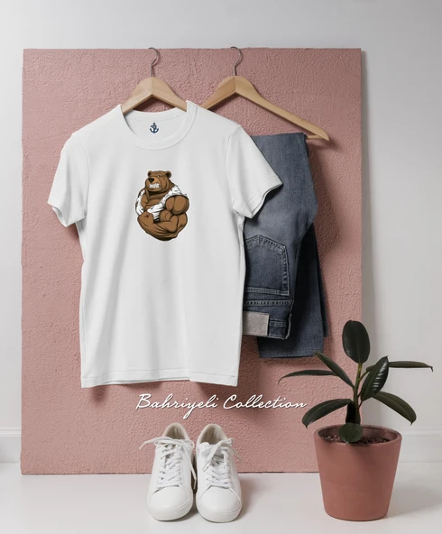 Oversize Bear Muscle with white top  Tasarımlı Unisex T-Shirt - Resim 3