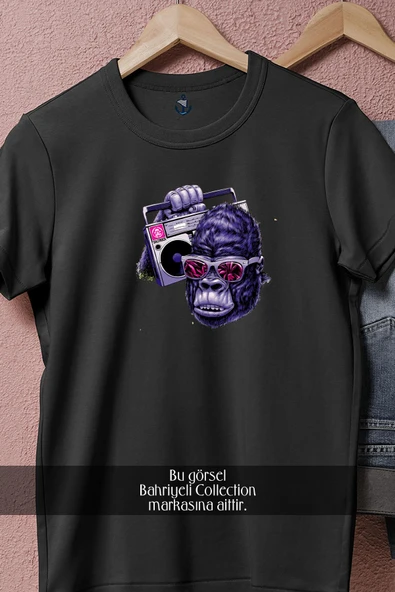 Oversize Radyo Taşıyan Goril  Tasarımlı Unisex T-Shirt - Resim 11