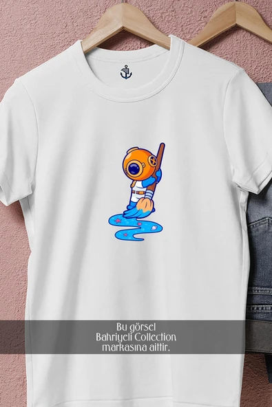 Oversize Denizde Temizlik Yapan Mini Dalgıç  Tasarımlı Unisex T-Shirt - Resim 2