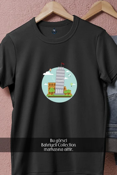 Oversize Roma Kolezyum Ve Pisa Kulesi  Tasarımlı Unisex T-Shirt - Resim 5