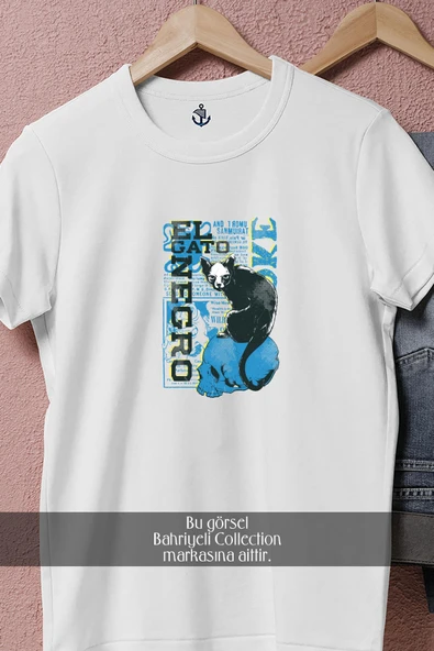 Oversize El Gato Negro İllustration With Skull Black And Blue  Tasarımlı Unisex T-Shirt - Resim 8