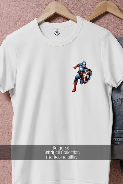 Oversize Kaptan Amerika Captain America  Cep Tasarımlı Unisex T-Shirt - Resim 2