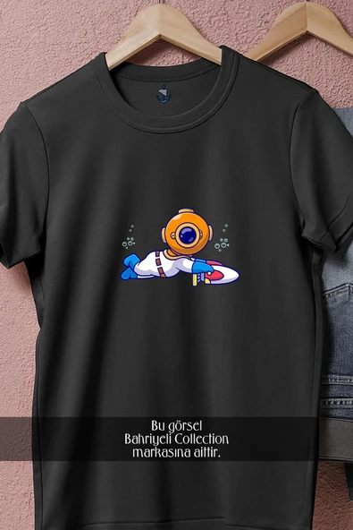 Oversize Dalış Yapan Mini Dalgıç  Tasarımlı Unisex T-Shirt - Resim 11