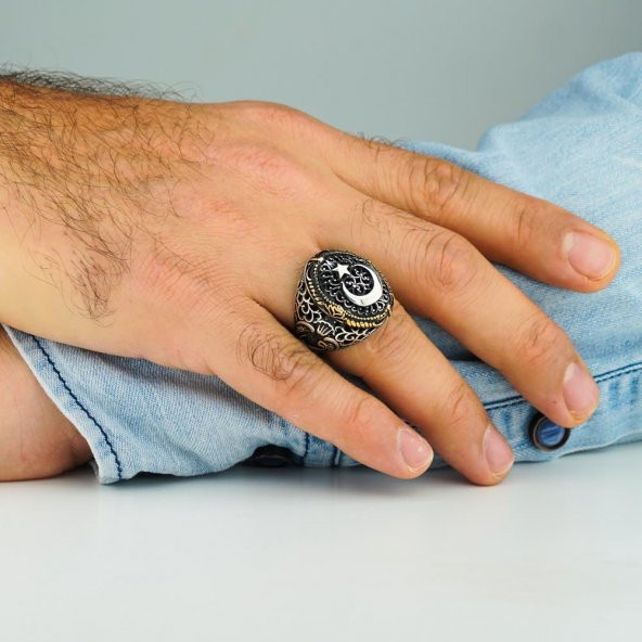 Ay Yıldız Tasarımlı Vav Figürlü 925 Ayar Gümüş Yüzük - Resim 2