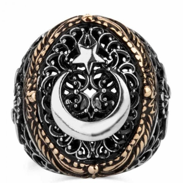 Ay Yıldız Tasarımlı Vav Figürlü 925 Ayar Gümüş Yüzük - Resim 4