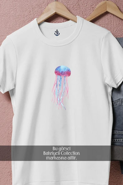 Oversize Blue Pink Jellyfish Ocean Coloured  Tasarımlı Unisex T-Shirt - Resim 8