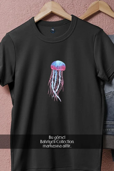 Oversize Blue Pink Jellyfish Ocean Coloured  Tasarımlı Unisex T-Shirt - Resim 5