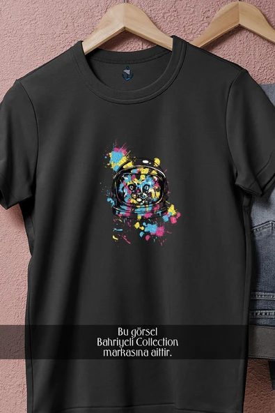 Oversize Cat İn Space With Space İllustration  Tasarımlı Unisex T-Shirt - Resim 5