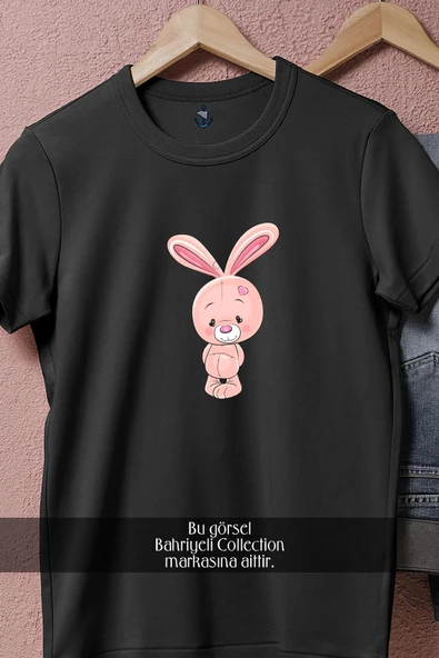 Oversize Cute Pink Rabbit Cartoon  Tasarımlı Unisex T-Shirt - Resim 5