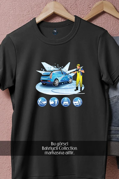 Oversize Car Wash Cartoon Illustration  Tasarımlı Unisex T-Shirt - Resim 11